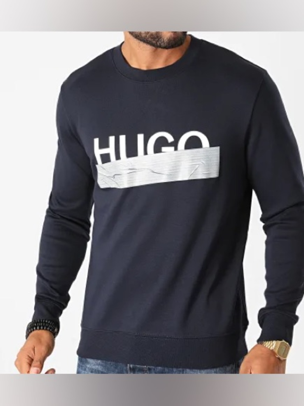 HUGO Men's Navy Crewneck Sweatshirt with White Logo Tape